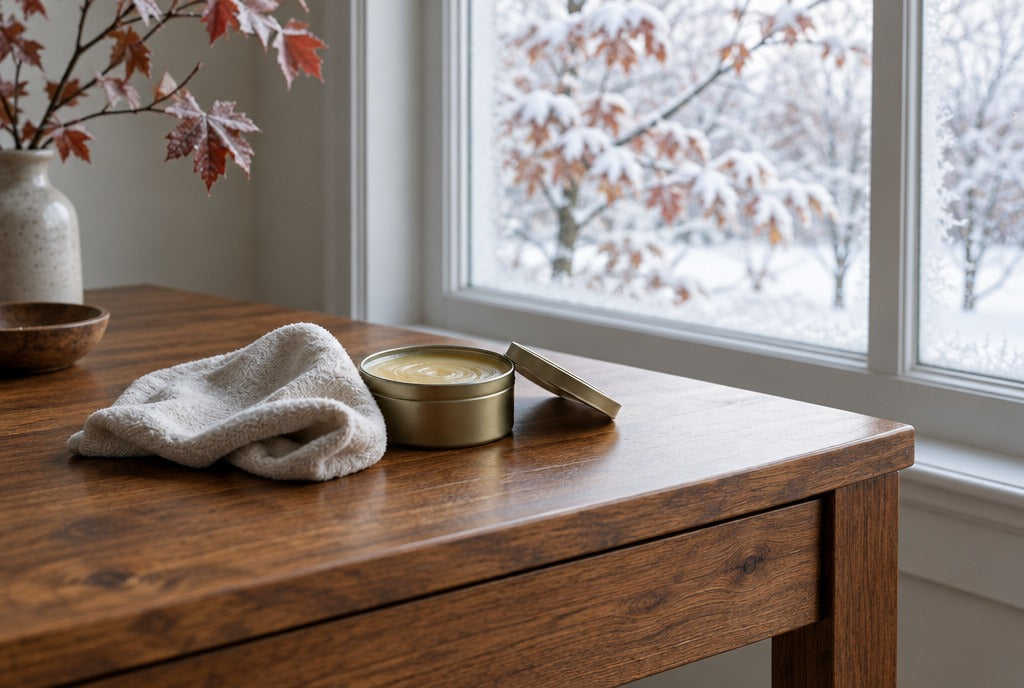 A soft cloth and a tin of furniture wax on a solid wood console table beside a frosty window with snowy maples outside