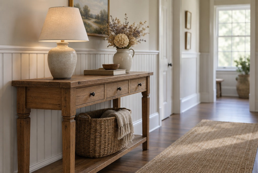 A farmhouse solid wood console table with a lamp, a basket and dried flowers in a country hallway with wainscoting