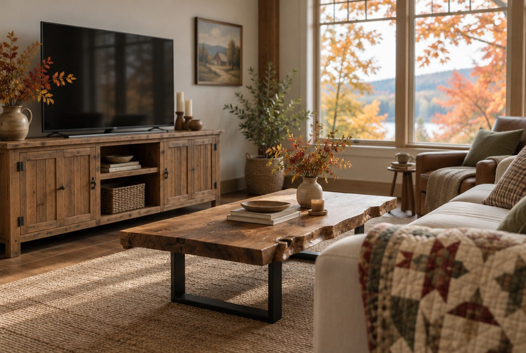 A cozy country living room with a farmhouse solid wood TV console, a live-edge coffee table, a quilt on the sofa and autumn maples outside