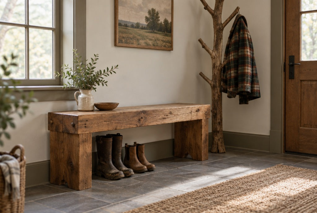 A rustic solid wood entry bench with boots underneath and a tree branch coat rack holding a plaid jacket in a farmhouse mudroom