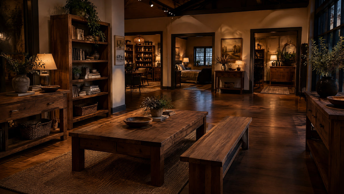 Inside a bright country mini mall with newly built solid wood consoles, tables, benches and bookshelves