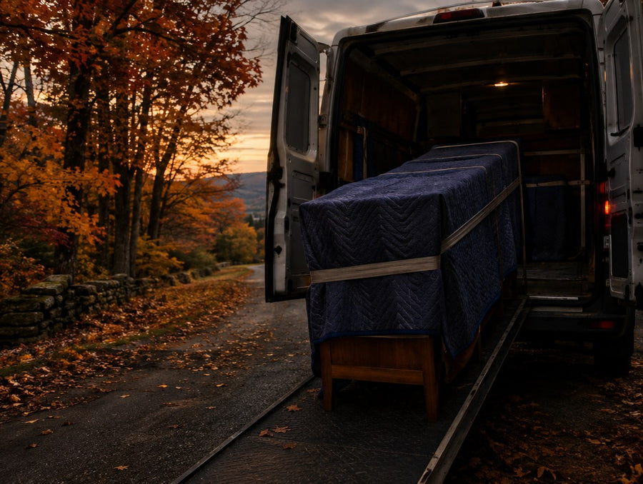 A blanket-wrapped solid wood console loaded into a delivery van on an Upstate New York country road